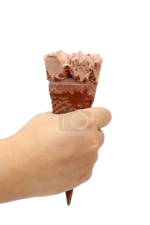 it is lady hand holding melted chocolate ice cream and missing bite isolated on white.