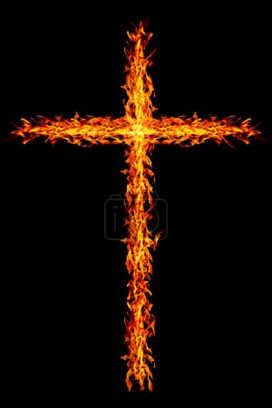 está quemando la cruz de fuego aislado en negro.