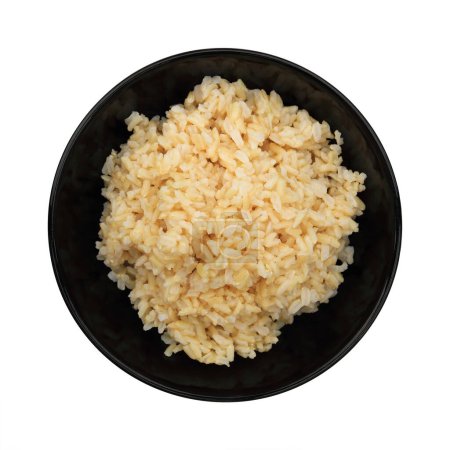 Téléchargez les photos : Steamed healthy unpolished brown rice in black bowl isolated on white. - en image libre de droit