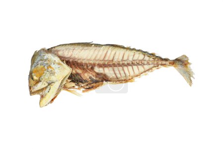 una caballa frita con espina de pescado aislada en blanco.
