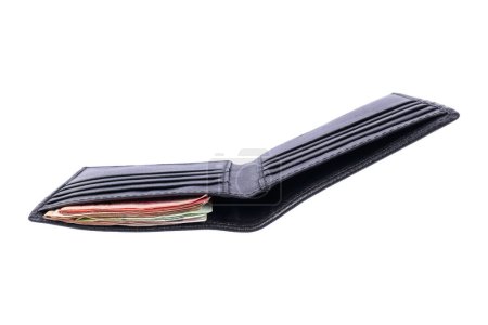 it is open black leather wallet with money isolated on white.
