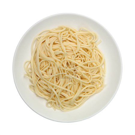 Foto de Linguine pasta on circle white plate isolated on white. - Imagen libre de derechos