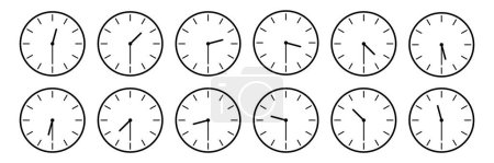 horizontale Reihe von analogen Uhrensymbolen, die jede halbe Stunde auf weiß isolierte Zeit anzeigen, Vektor-Illustration.