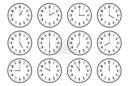 set of analog clock icon with number notifying each hour isolated on white.