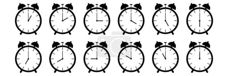 horizontal set of analog alarm clock icon notifying each hour isolated on white,vector illustration.