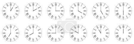 conjunto horizontal de icono de reloj analógico con número romano notificando cada hora aislado en blanco.
