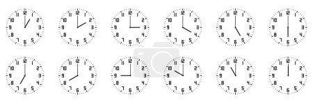 ensemble horizontal d'icône d'horloge analogique avec numéro notifiant chaque heure isolée sur blanc.