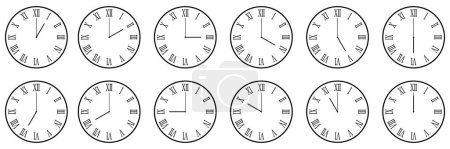 horizontal set of analog clock icon with roman numeral notifying each hour isolated on white,vector illustration.