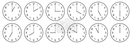 ensemble horizontal d'horloge analogique avec icône numérique numéro notifiant chaque heure isolée sur blanc, illustration vectorielle.