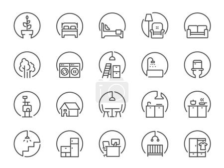 Ilustración de Conjunto de iconos. Los iconos incluyen un dormitorio, baño, sala de estar, aseo, cocina y más. - Imagen libre de derechos
