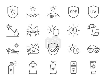 Téléchargez les illustrations : Icône écran solaire réglée. Les icônes inclus protection solaire, bains de soleil, lunettes de soleil, UV, SPF, et plus. - en licence libre de droit