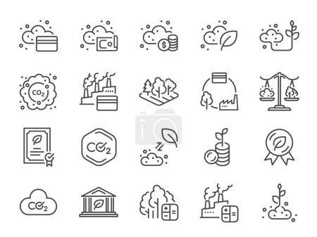 Téléchargez les illustrations : Ensemble d'icône de crédit carbone. Les icônes incluaient les compensations carbone, la pollution, l'éco, l'environnement, le dioxyde de carbone, etc.. - en licence libre de droit