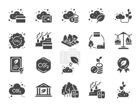 Carbon credit icon set. Zu den Symbolen zählten CO2-Kompensationen, Umweltverschmutzung, Umwelt, Kohlendioxid und mehr..