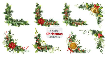 Set of corner Christmas elements with poinsettia, berries, cones, jingle bells, orange slices. Spruce corner garlands. Vector illustration.