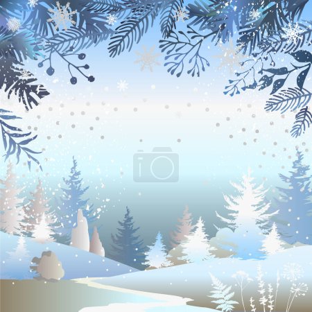 Téléchargez les illustrations : Vacances d'hiver carré fond bleu. Joyeux modèle de carte postale de Noël avec forêt d'hiver et espace pour le texte. Illustration vectorielle. - en licence libre de droit