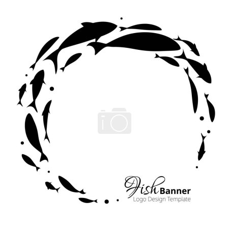 Téléchargez les illustrations : Fish banner black template design. Circle school of fish. Vector illustration. - en licence libre de droit