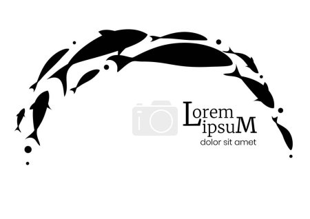 Téléchargez les illustrations : Fish logo black template design. Jumping school of fish. Vector illustration. - en licence libre de droit