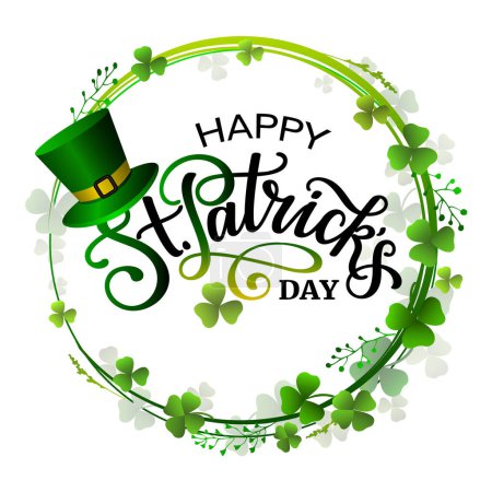 Illustration for Happy Saint Patricks day banner with lettering, clover wreath and green hat. Vector illustration. - Royalty Free Image