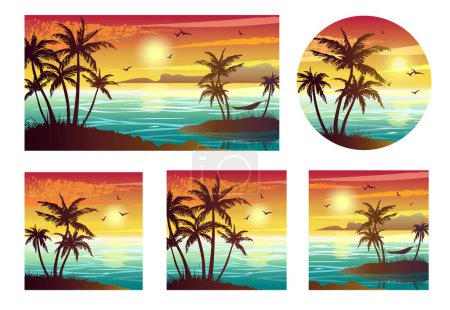 Illustration for Set of tropical landscapes with sea, sunset and palm trees. Abstract landscape. Tropical paradise island. Vector illustration. - Royalty Free Image
