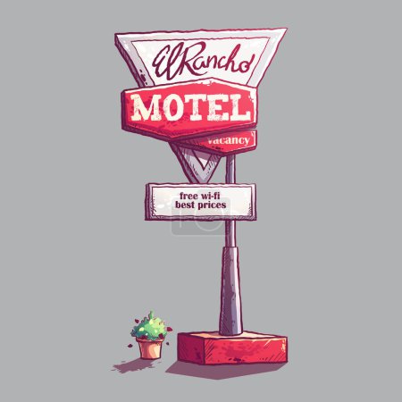 Illustration for Vector cartoon illustration of signboard of motel, flower pot, advertising, inscription - Royalty Free Image
