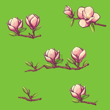 Illustration for Branches of magnolia on a green background. Blooming pink blossom vector. Magnolia branch with flower. - Royalty Free Image
