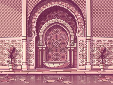 Illustration for Fountain in Moroccan style with fine colorful mosaic tiles. Patio with a pond and oriental patterns - Royalty Free Image