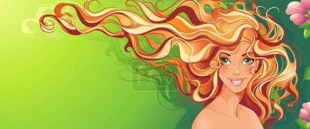 Illustration for Bright vector illustration banner with red-haired girl and flowers on green backrgound. - Royalty Free Image