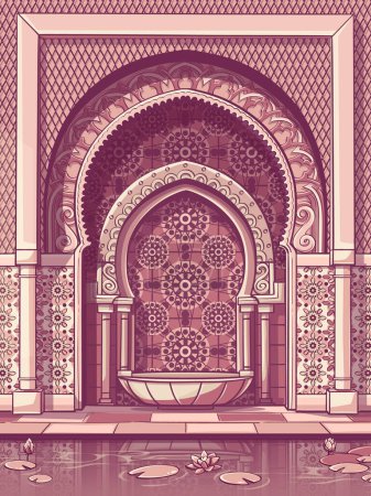 Téléchargez les illustrations : Alcôve colorée du bâtiment dans le style marocain dans la cour avec une fontaine et un étang. Ornement coloré traditionnel - en licence libre de droit