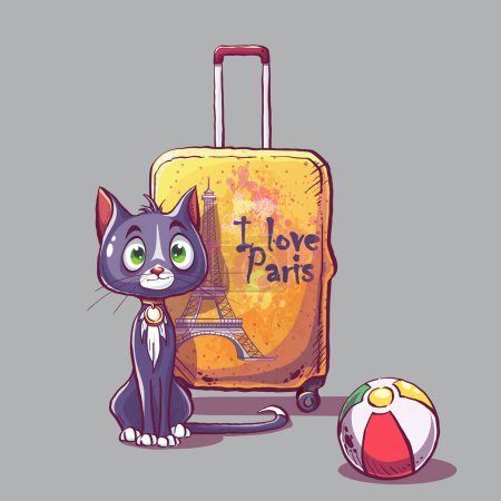 Illustration for Cute purple cat with alone near a travel yellow suitcase and white ball - Royalty Free Image