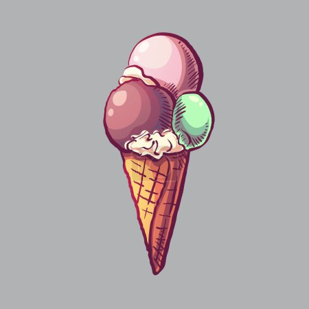 Ilustración de Bolas de pistacho-chocolate-vainilla con helado de jarabe de crema en un cono - Imagen libre de derechos