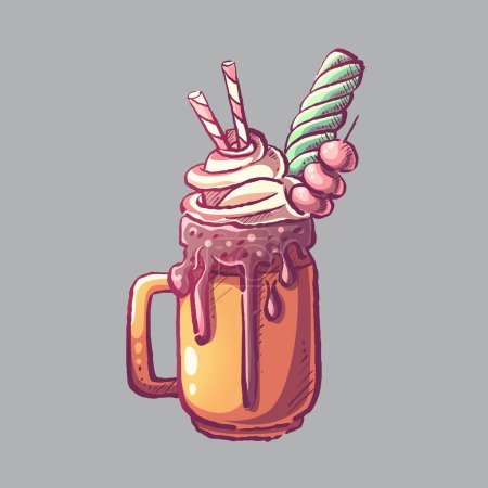 Illustration for Vector illustration vanilla ice-cream with creamy pink straws, cherries and chocolate syrup in a glass - Royalty Free Image