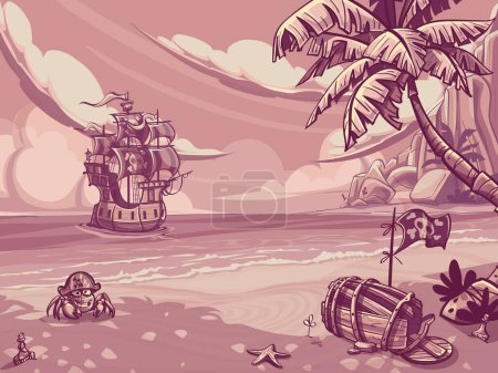 Illustration for Vector illustration hand drawing sketch. A pirate ship sails under filled sails into the bay of the island. On the shore there is a palm tree, a broken barrel, a crab, flasks of rum, a starfish. - Royalty Free Image