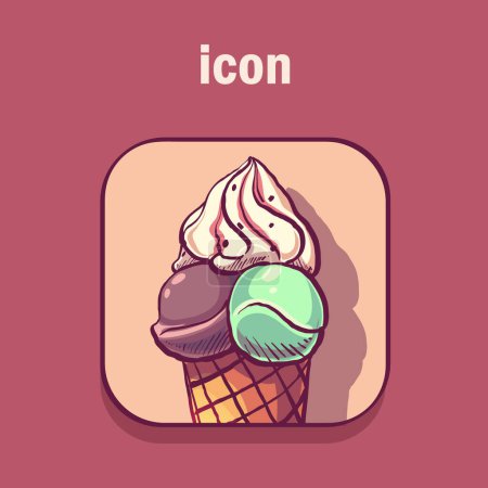 Téléchargez les illustrations : Icône boules pistache-chocolat avec crème glacée vanille dans un cône - en licence libre de droit