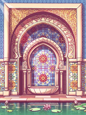 Illustration for Vertical style colorful door to a Moroccan-style building in a patio with a pond. Traditional ornament - Royalty Free Image