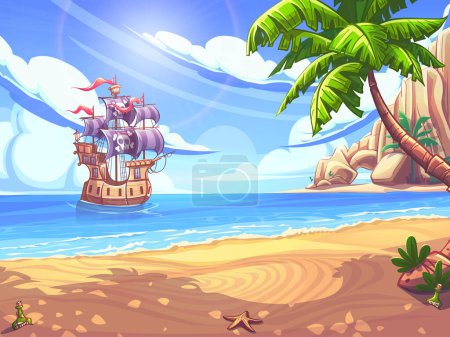 Illustration for Pirate ship sails under filled sails into the bay of the island. On the shore there is a palm tree, a broken barrel, a crab, flasks of rum, a starfish. - Royalty Free Image