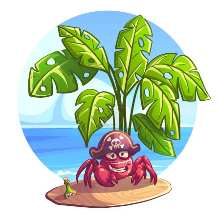 Illustration for Vector color illustration a fern among a flask of rum and a smiling crab in a pirate hat - Royalty Free Image