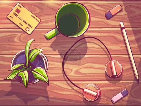 Illustration for The stylus, eraser, flower and cup on a wood texture background. Light brown wooden wall, board, table or floor surface. Cutting board for cutting. Wood texture, abstract background illustration - Royalty Free Image