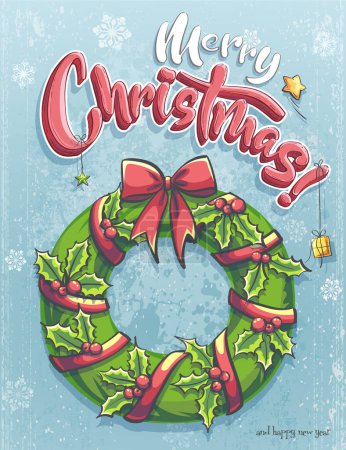 Illustration for Hand-drawn 100 vector image. Vertical illustration Christmas wreath of holly with red ribbon, rowan berries, holly and gifts. Green leaf with a greeting Merry Christmas text. - Royalty Free Image