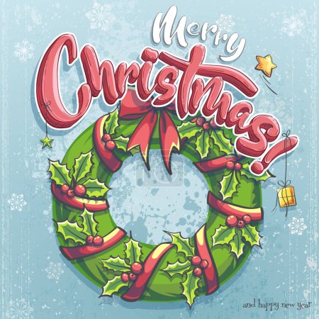 Illustration for Hand-drawn 100 vector image Christmas wreath of holly with red ribbon, rowan berries, holly and gifts. Green leaf with a greeting Merry Christmas text. New Year holiday celebration in December - Royalty Free Image