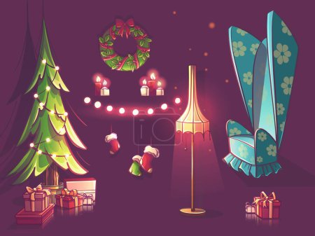 Illustration for Hand-drawn 100 vector image. Color illustration Item set Christmas tree, garlands, gifts, armchair, floor lamp, Christmas wreath. - Royalty Free Image