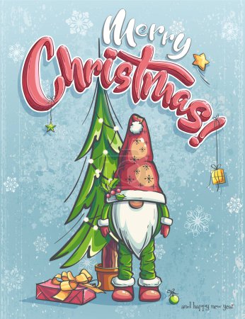 Ilustración de Imagen de 100 vectores dibujada a mano. Tarjeta de Navidad vertical. Árbol de Navidad, gnomo en un sombrero, caja con regalos, juguetes de árbol de Navidad - Imagen libre de derechos