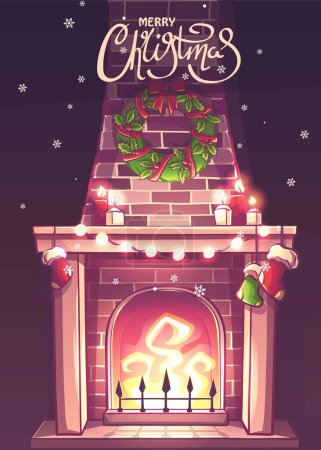 Illustration for Hand-drawn 100 vector image. Vertical color greeting card classic fireplace with brick surround, Christmas gifts, Christmas wreath, candles, Christmas stocking - Royalty Free Image