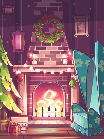 Ilustración de Imagen de 100 vectores dibujada a mano. Ilustración de color vertical chimenea clásica con ladrillo envolvente en casa, árbol de Navidad con guirnaldas, regalos, un sillón y una lámpara de pie - Imagen libre de derechos