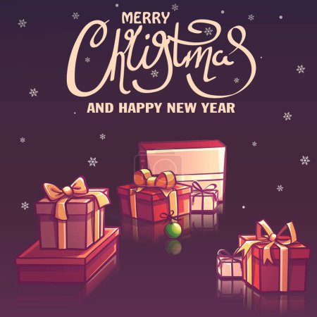 Illustration for Hand-drawn 100 vector image. Holiday greeting card Happy New Year and Merry Christmas background. Gift boxes, snow, Christmas decorations on dark night background with greeting text - Royalty Free Image