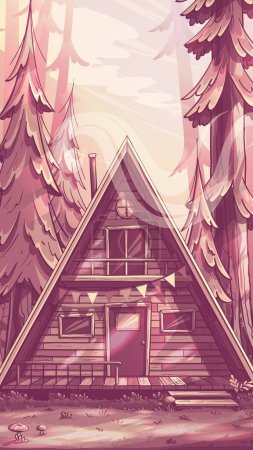 Illustration for Hand-drawn 100 vector image. Cartoon vertical autumn landscape with a triangular wooden house in the forest. Cozy wooden cottage. Vector illustration of natural landscapes with house for camping and outdoor recreation. - Royalty Free Image