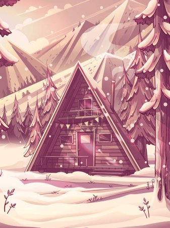 Illustration for Hand-drawn 100 vector image. Cartoon vertical winter landscape with a triangular snow-covered wooden house in the forest. Cozy wooden cottage among the snowdrifts. Vector illustration of natural landscapes with camping house. - Royalty Free Image