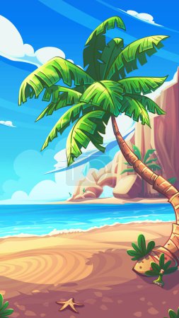 Illustration for Hand-drawn 100 vector image. Digital illustration. Cartoon vertical seascape with a surf wave and coastal rocks. Vector illustration of natural landscape. On the shore there is a palm tree, a flask of rum, and a starfish. - Royalty Free Image