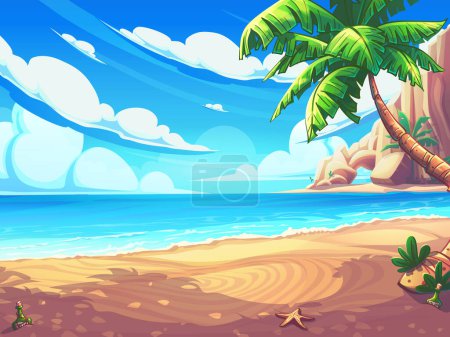 Illustration for Hand-drawn 100 vector image. Digital illustration. Cartoon seascape with a surf wave and coastal rocks. Vector illustration of natural landscape. On the shore there is a palm tree, a flask of rum, and a starfish. - Royalty Free Image