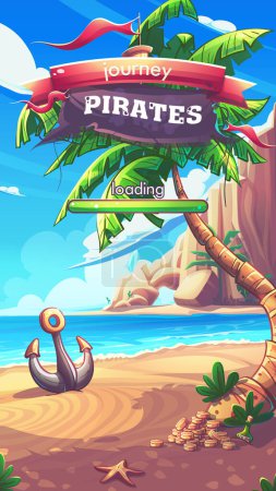Illustration for Hand-drawn 100 vector image. Digital illustration. Solitaire Pirates - vertical loading window background. Cartoon seascape with ship anchor , palm tree, flask of rum, and starfish. - Royalty Free Image