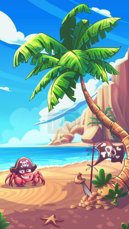 Illustration for Hand-drawn 100 vector image. Digital illustration. Cartoon vertical seascape with laughing crab in a pirate hat. Vector illustration of natural landscape. On the shore there is laughing crab, palm tree, flask of rum, and starfish. - Royalty Free Image